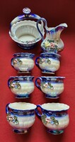 Vintage irrizáló porcelán kávéskészlet csésze kiöntő bonbonier cukortartó rózsa mintával