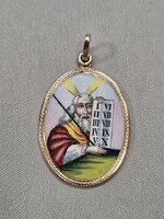 Mózes 10 parancsolata, héber, zsidó zománcozott porcelán, 14 k arany medál