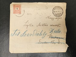 1892-es 5 kr bélyeg levélen Budapest Főposta-tót-szerdahely rlfogazott bélyeg,lemezhibák