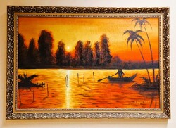M.Eugen: Trópusi naplemente. Olajfestmény, dekoratív fakeretben. 49x74,5 cm.
