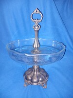 Art Nouveau Art Krupp BERNDORF Szecesszós Nagy Ezüstözött Alpakka -Üveg Asztalközép Kínáló Tál
