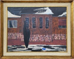 Béres Jenő (1912 - 1981) Udvarban c. Képcsarnokos olajfestménye Eredeti Garanciával!!