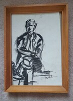 XX. sz Magyar festő :Padon ülő férfi (Vázlat). Mérete: 20x26 cm.Kerettel.