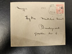 1909-es 10 Fillér bélyeg levélen postaszolgálati b.géző