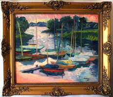 Karátson Edvin 1934- Vitorláskikötő, Eredetiség igazolással Számlával