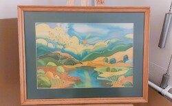 (K) Kertész Eszter gyönyörű selyemre festett kép 66x50 cm kerettel