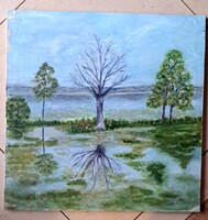 Nagybányai festő :Zazar-part. Olaj,váson keret nélkül.Mérete: 50x50 cm.