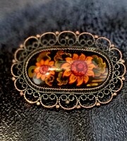 Vintage réz filigrán szélű napraforgó virág festésű bross kitűző kuriózum