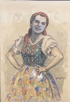 Richard Geiger (1870-1945): Menyecske népviseletben. Szignált akvarell.