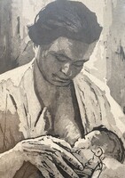 Ék Sándor: Anya gyerekével - lino