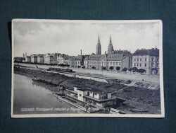 Képeslap,Szeged,Tiszapart,csónakház,étterem,vasúti kocsik,Fogadalmi templom látkép,1935-