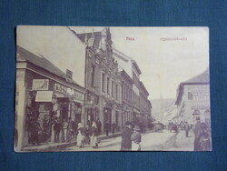 Képeslap,Pécs Irgalmasok utca,Ármuth Sándor kiadás,Köszl János ház,gyógyszertár,tűzoltó pecsét,1905-