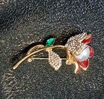Vintage aranyozott gyöngy közepű, kristályokkal kirakott liliom tulipán virág bross kitűző