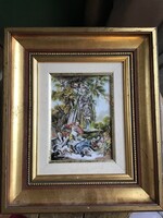 Régi keretezett kézzel festett porcelán kép