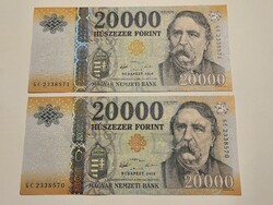 20000Ft-os bankjegy,2016 GC UNC. 2-2db sorszámkövető