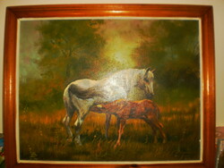 Seres József, Gondoskodás 36 cm. x 46 cm, faroston, olaj, keretben.