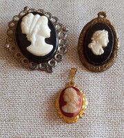 Vintage 3db Cameo Faragott Kagylò medál és fekete fehér bross kitüzõ medál
