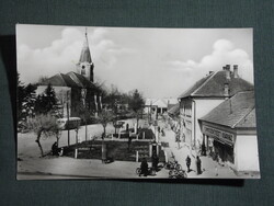 Képeslap,Lenti,Főtér,templom,Üzletház,kocsma,presszó,áruház,utca látkép,részlet, 1962-