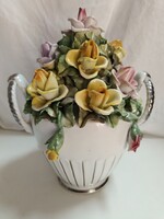 Cluj Napoca, román Kolozsvári porcelán rózsa csokor vázában, asztal közép - 30 cm, nem hibátlan