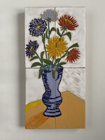 SZERÉMINÉ FESTETT CSEMPE VIRÁGCSENDÉLET, JELZETT RETRO FALIKÉP FESTMÉNY 41 x 20 CM