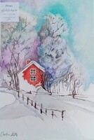 Csobai Elena-Téli táj, Akvarell festmény 30x21cm