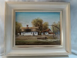 Zele Ferenc festőművész (1936-2024) falusi udvart ábrázoló olaj festménye - 15 x 20 cm
