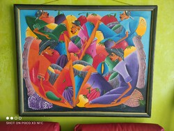 SICOT ACHILLE festmény nagy méretű karton kép piaci jelenet 99 cm x 80 cm!!!