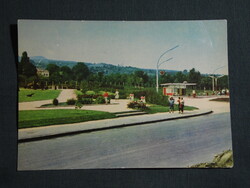 Képeslap,Leányfalu,ÁFOR benzinkút,park látkép,részlet,1965-