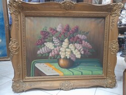 Régi Olaj-Vászon T.Z.Szignós,Jelzett,Orgona Virágos Csendélet Festmény,Blondel Keretben.60 x 80 cm.