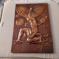 Atlasz, domborított réz fali dísz, kép,  28 x 19 cm
