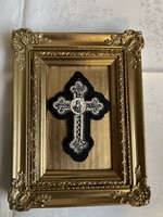 Gyönyörű Muránoi mikromozaik kereszt 1925-ből fa keretben,