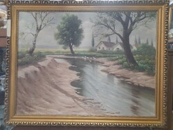 Olaj-Karton Tábori Szignóval Jelzett Falusi Tájkép Festmény.60 x 80 cm.