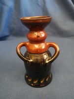 Régi népi, mázas kerámia gyertyatartó, asztaldísz 19cm