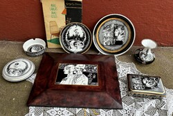 Hollóházi porcelán Szász Endre Jurcsák László porcelánok váza hamutartó   midcentury bőr keretben