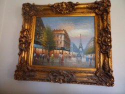 Párizsi utcakép, nagy méretű vászonra festett olaj festmény hibátlan blondel keretben.