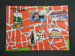 Képeslap,térképes,Veszprém idegenforgalmi hivatal,Tapolca,barlang,emlékmű,turistaszálló,1978-