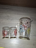 Aranyozott, kézzel festett teás kancsó, két pohárral