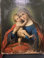 ANTIK KVALLÍTÁSOS MÁRIA A KISJÉZUSSAL OLAJ VESZON FESTMÉNY BÉCSI MESTERTŐL!!! 53X42.5 cm!!