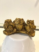 Régi porcelán dísz 3 bagoly figura fatörzsön 10x5,5cm Nem lát, nem hall, nem beszél