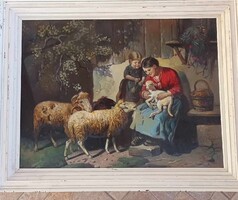 Antik falusi életkép birkákkal - olaj / vászon