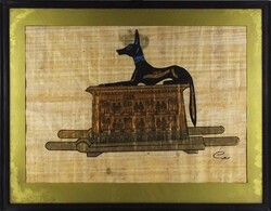 1U881 Anubisz - Keretezett egyiptomi papirusz kép 47.5 x 37 cm