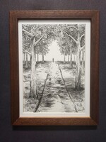 "Erdei kép."Fekete tűfilc. Keretezett. 21x26,6 cm