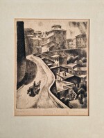 Patkó Károly egyik legszebb munkájának nagyméretű rézkarca, "Perugia".  Keret nélkül.