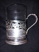Antik Szecessziós Orosz Teás Pohár NIELLO-s Áttört 875 Ezüst Tartóval Tulaezüst 1920 körül