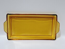 Borostyánsárga üveg tál, tálca, kínáló, 31,5 x 15,3 cm