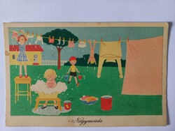 Régi rajzos 50 filléres  képeslap Réber László Nagymosás 1962