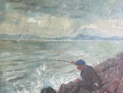 Udvary Dezső - Balatoni pecás..65x75cm+k
