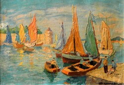 Kun István (1908 - 1980): "Fonyódi kikötő",  laparanyozott keretben