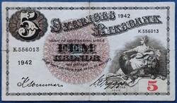 Nyomdahibás! Svédország 5 Kronor / Korona 1942, F+. (ferdén nyomott dátum).