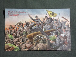 Képeslap,Osztrák Magyar hadsereg,Orosz üteg támadása,ágyú,fegyver,honvéd,huszár,katona levél,1915-